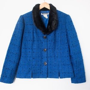 Leslie Fay | Vintage 80's Blue & Black Blazer with Faux Fur Collar | Size 10